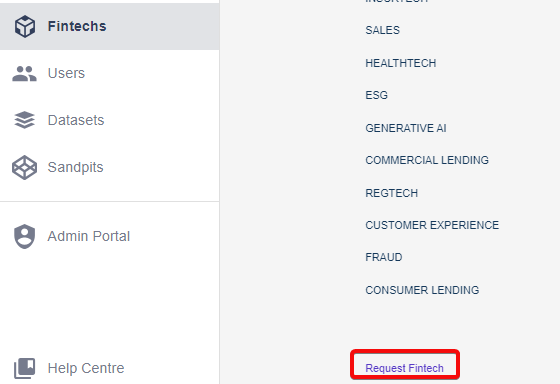 Fintechs in sidebar and "request" button